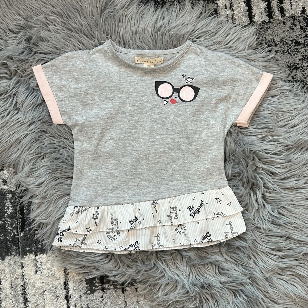 Kinderkind Girls Asymmetrical Short Sleeve Grey‎ Graphic Top Size 4T